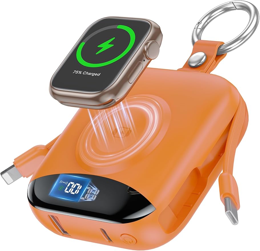 citicr Portable Charger, 10000mAh 22.5W Fast Charging Power Bank with Built-in Cables, Travel Battery Pack with LED Display for iPhone, Portable iWatch Charger for 11/10/9/8/7/6/5/SE/Ultra Orange