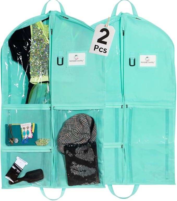 Waterproof Hanging Garment Bag 40 inch Clothes Bag with Gusset, 5 Pockets & Side Zip for Dance Costumes, Sports, Skating, Theatre, Beauty Pageants & More by Kendall Country, Sea Foam Green