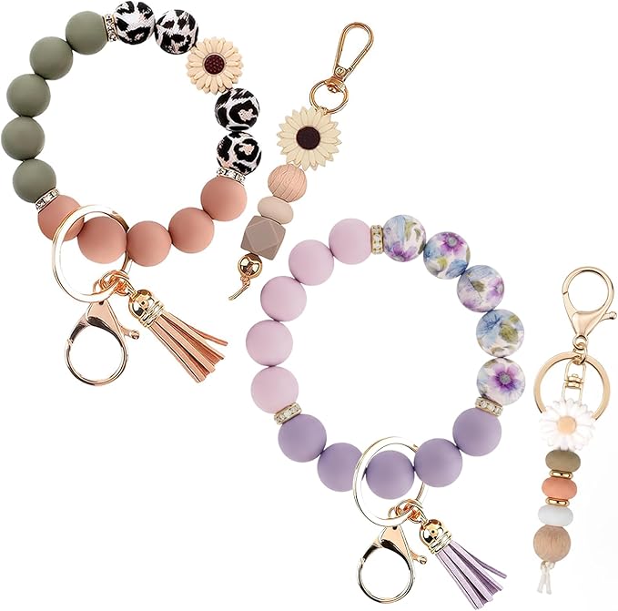 2PCS Bracelet Key Ring Set, Cute Car Key chain Wristlet, Silicone Beaded Bangle keyChains for Women Girls
