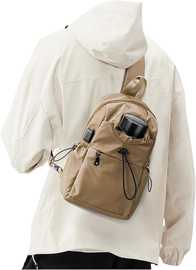 SEAFEW Sling Backpack bag for Men Khaki, Tactical BackpackSmall One Strap Daypack, Mini Anti-Theft Cross Body Motorcycle Chest Bags, Satchel Bag for Casual Travel Hiking Outdoor Sports Gym