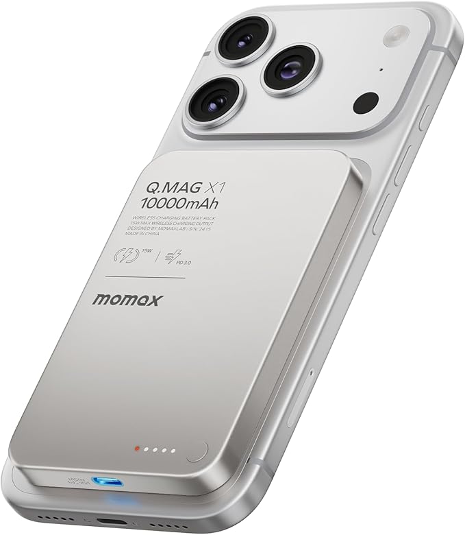 MOMAX 10000mAh Magnetic Wireless Power Bank, Ultra-Slim 0.5" MagSafe-Compatible Portable Charger, PD 20W USB-C Fast Charging Battery Pack, for iPhone 17/16/15/14 Series, Samsung Galaxy & Google Pixel