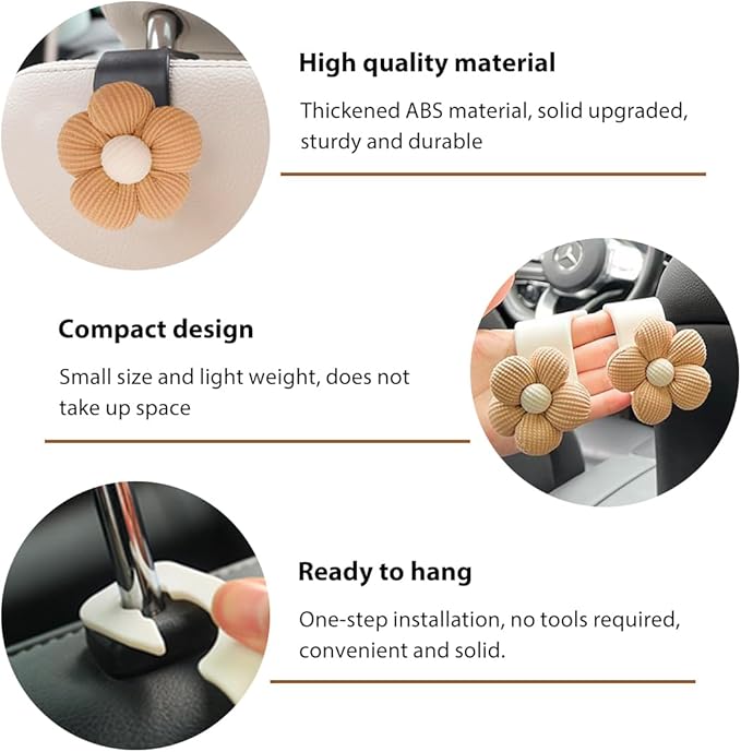 4 PCS Car Seat Headrest Hooks, Cute Flower Car Seat Back Organizer Bag Holder Hooks, Automotive Seat Hook Hanger Storage Organizer for Purse Cloth Grocery Bags, Car Accessories (Brown+Black)