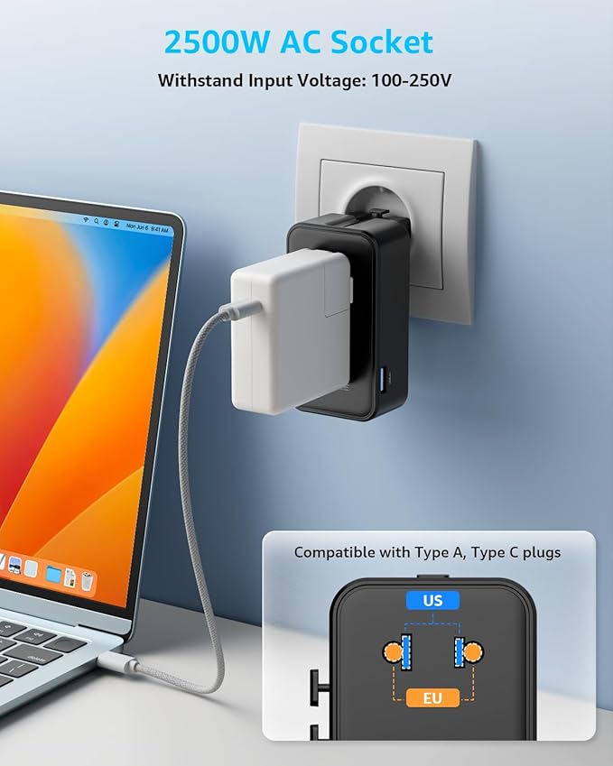 “Air” Universal Travel Adapter, Slim International Travel Plug Adapter with 3 USB-C(GaN 45W) ＆ 1 USB-A Ports, All in One Portable Adaptor, for USA, UK, EU, AU ＆ 224+ Countries (Black) US