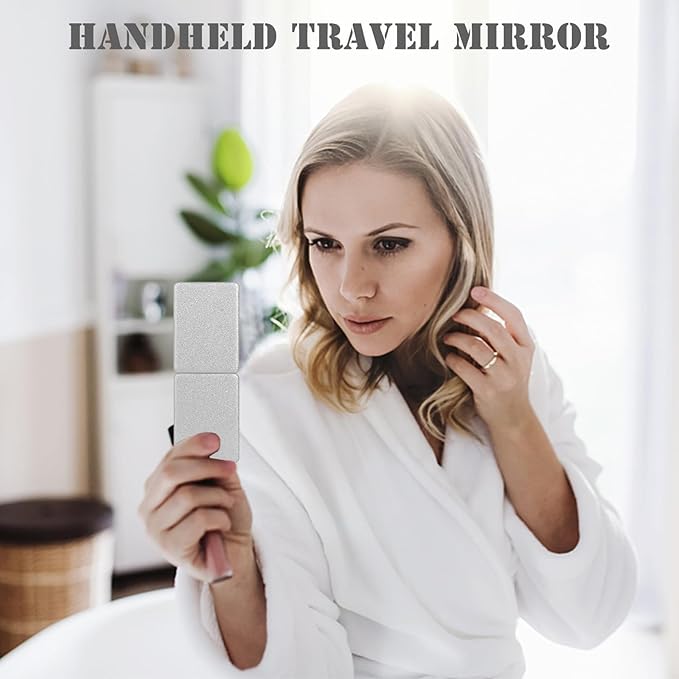 Nice Compact Travel Vanity Mirror for Girls Ladies Women Men, Elegant Silver 2-Sided Folding Makeup Mirrors for Pocket Handbag Purse Wallet Backpack, Portable Slim Magnifying Cosmetic Mirror