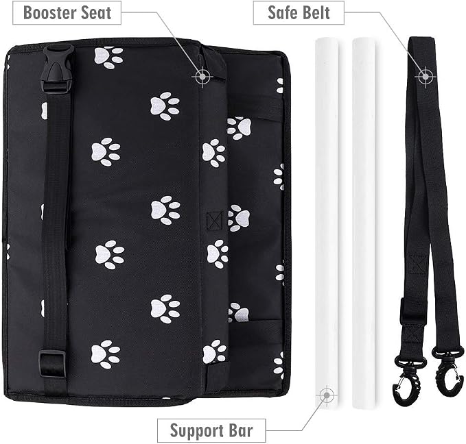 Petbobi Pet Reinforce Car Booster Seat for Dog Cat Portable and Breathable Bag with Seat Belt Dog Carrier Safety Stable for Travel Look Out,with Clip on Leash with PVC Tube, Black Paw Print