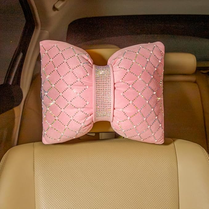 Carwales Car Headrest Pillow Pink Sparkly Bling Rhinestone Accessories for Women Bow Seat Neck Support Pillow for Travel Driver Chair Head Rest 2pcs