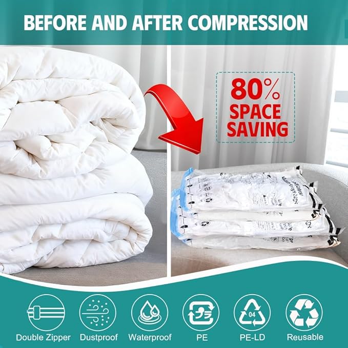 6 Pack Vacuum Storage Bags, Vacuum Seal Bags for Clothing, Comforters, Blankets, Space Saver Compression Bags with Hand Pump (2Jumbo, 2Large, 2Medium)