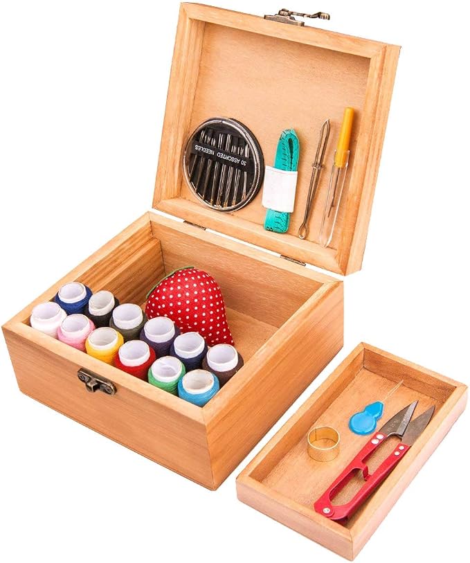 Sewing Kit, Wooden Sewing Kit Box for Adults, Wooden Sewing Basket with Accessories, Home Sewing Basket Stitching Repair Kit for Beginner, Women, Men (Brown)