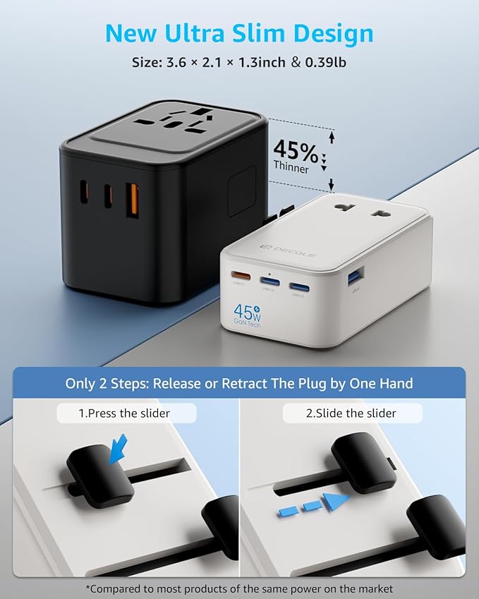 “Air” Universal Travel Adapter, Slim International Travel Plug Adapter with 3 USB-C(GaN 45W) ＆ 1 USB-A Ports, All in One Portable Adaptor, for USA, UK, EU, AU ＆ 224+ Countries (White) US