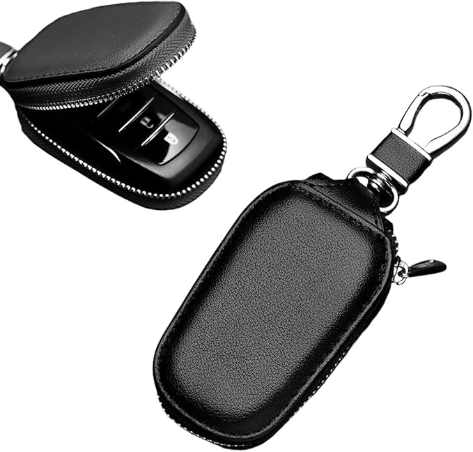 Yourkar Car Key Case, Genuine Leather Auto Key Fob Storage Bag, Key Chain Holder Key Ring Zipper Bag, Car Accessories (Black)