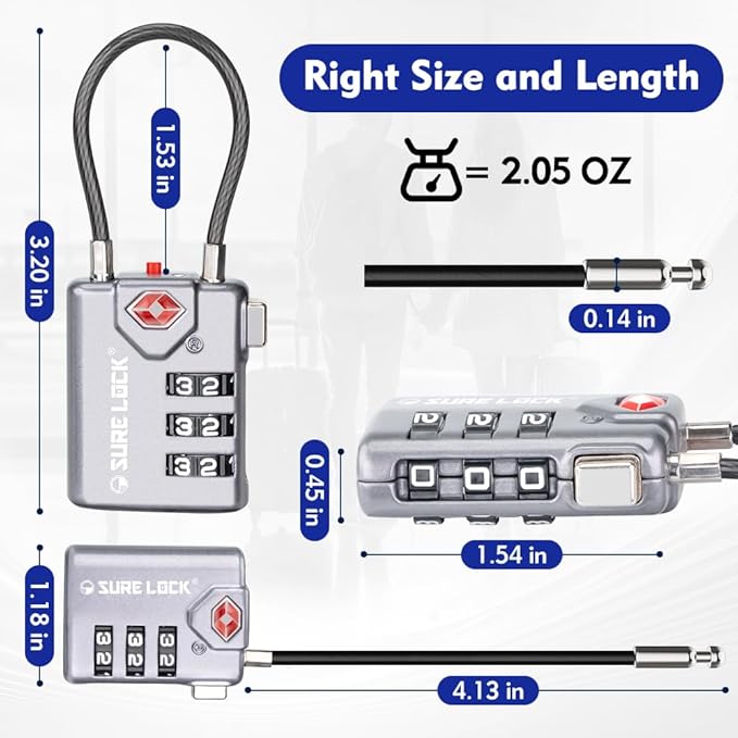 SURE LOCK TSA Approved Luggage Locks with Open Alert Indicator, 3 Digit Combination Cable Travel Lock for Suitcase, Backpack, Gym Locker, Toolbox & Travel Bag(Grey 4 Pack)