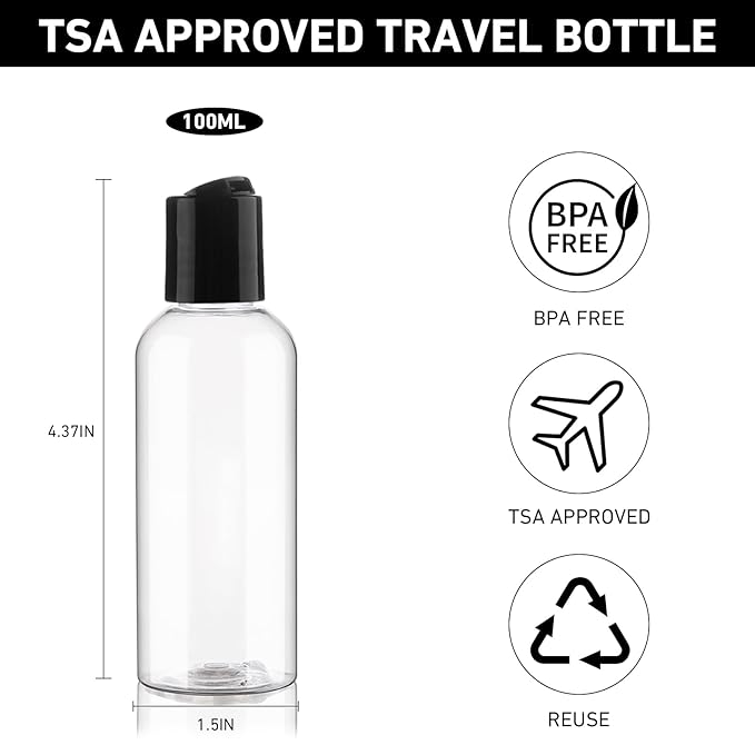 10 Pack 3.4 oz Travel Bottles for Toiletries TSA Approved Leak Proof Travel Size Containers Plastic Empty Shampoo Bottles with Labels Squeeze Bottle Toiletry Essentials Accessories(Clear)