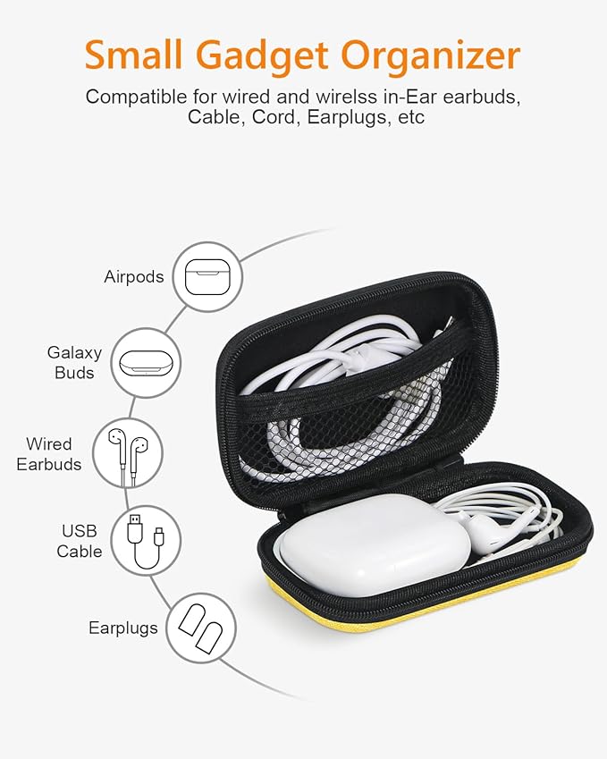 Mini Hard Earbud Case for Apple Airpods, Earpods, Samsung Galaxy Buds, JBL, Sony in-Ear Headphones - Small Cute Protective Case Pouch for Cable, Cord, Card, Earplugs, Heart Monitor - Gold-Yellow