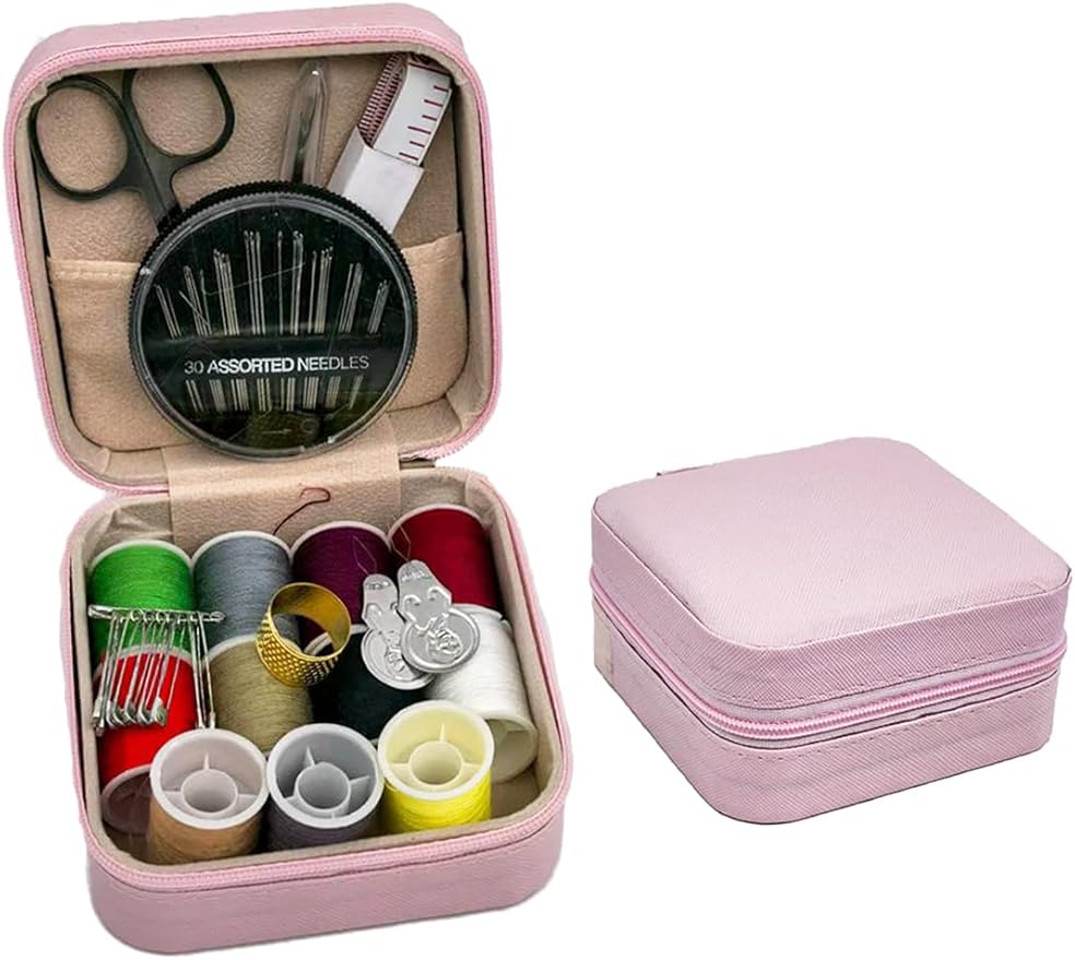 Portable Sewing Kit for Adults, Travel Sewing Supplies with Needles, Thread, Scissors, Zipper Repair Kit, Mini Emergency Sewing Set for Home, Office, Beginner & on-the-Go Repairs (Pink)