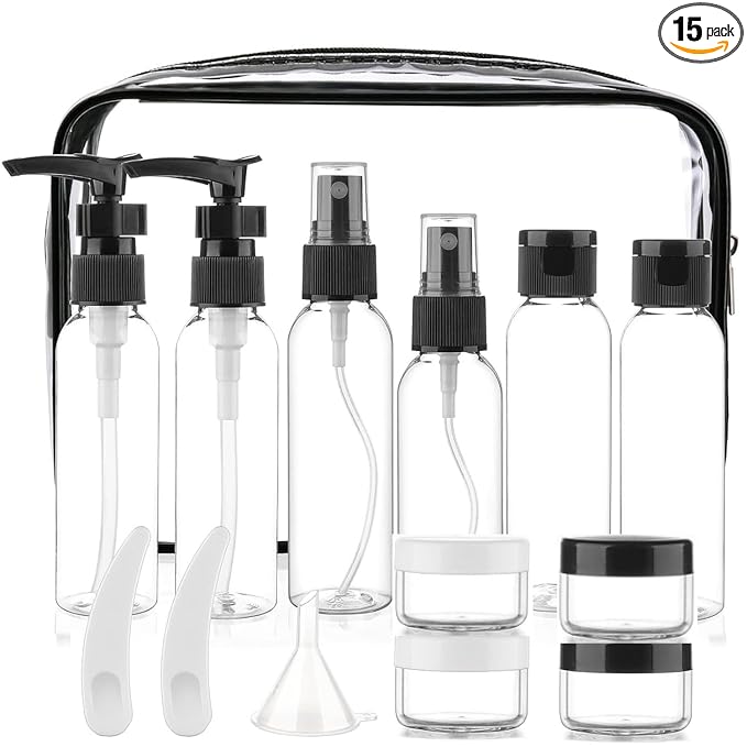 Cosywell Travel Size Bottles for Toiletries 15 Pack 2oz TSA Approved Toiletry Bottles Leak Proof Travel Kit for Women Men TSA Clear Toiletry Bag Shampoo Lotion Skincare Cosmetic Container(Black)