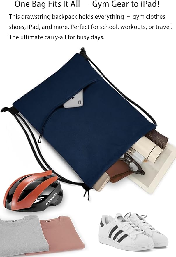 Drawstring Backpack Gym Bag For Men Women String Sports Backpack With 2 Zippered Pocket Large Cinch Sackpack Workout Bag for Gym, Soccer, Basketball, Beach(Navy Blue,16.5 * 19 inches)
