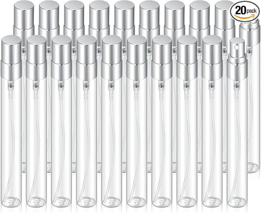20Pcs 10ml Empty Clear Glass Mist Spray Bottle Refillable Mini Perfume Atomizer Travel Sample Bottle with Silver Aluminized Nozzle Makeup Container for Perfume (10ml Silver Caps)