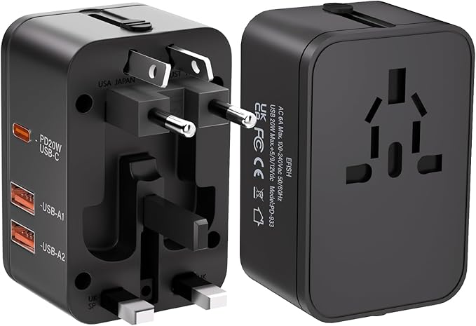 Travel Adapter Fast Charge,Worldwide All in One Universal Travel Adapter with PD3.0 Type C & USB-A Quick Charging Portable Wall Charger,AC Power Converters for USA UK EU AUS-Black