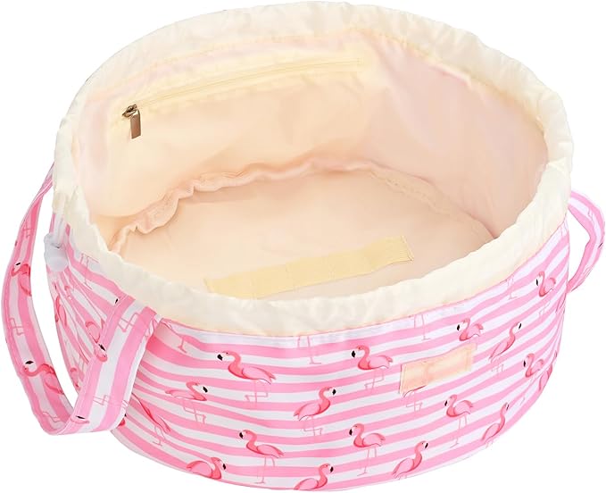 Large Barrel Drawstring Makeup Bag Travel Cosmetic Bag for Women - Portable Make Up Organizer Bag for Skin Care & Toiletries with Brush Holder & Pouch (Pink)