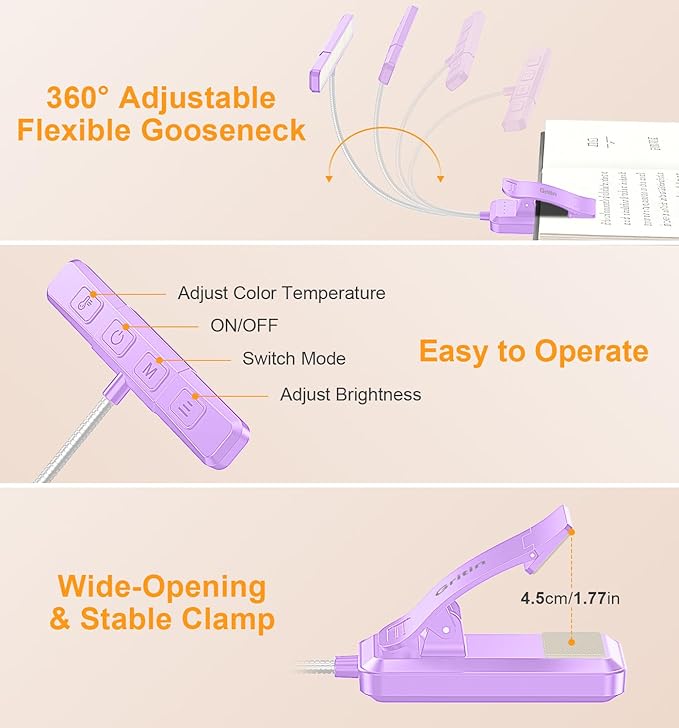 Gritin 2026 Gen 2 Book Light for Reading- 32 Eye Caring Full Spectrum LED, 5 Colors & 5 Brightness, Adjustable Wide/Narrow Beam, Upgrade 1500mAh Long-Lasting Clip on Light for Book Lovers-Purple