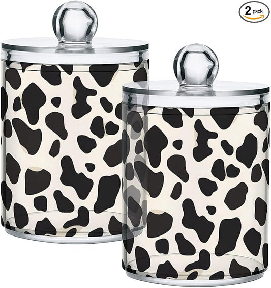 2 Pack Qtip Holder Organizer Dispenser Black Cow Skin Print Bathroom Storage Canister Cotton Ball Holder Container for Cotton Pads/Swabs/Floss