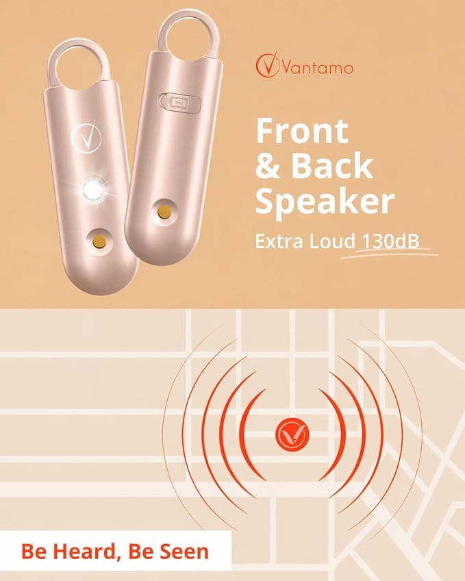 Vantamo Personal Alarm for Self Defense with Low Battery Notice, Strobe Light & Extra Loud 130 dB Double Speakers Safety Keychain Set for Women, Rechargeable Panic Button for Womens Self Defense