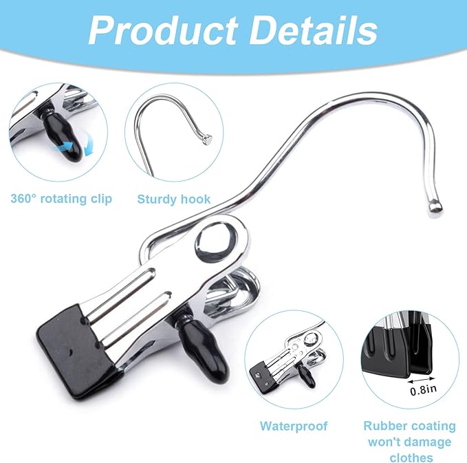 12PCS Hanger Clips for Closet, Heavy Duty Clothes Pins with Hooks, 360° Rotating Laundry Clips for Pants Socks Towels Boots Organizer (12, Black Blue Green Pink)