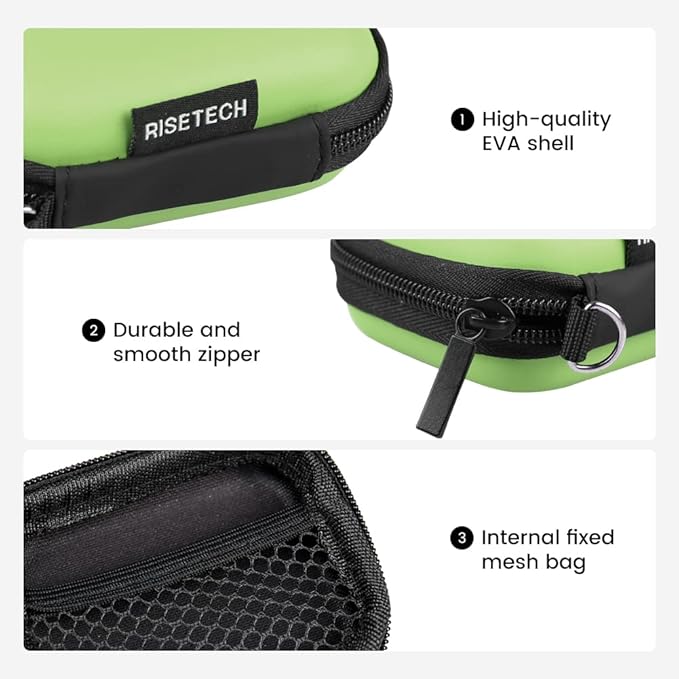 Earphone case, RISETECH Earbud Carrying Case Holder Hard EVA Headphone Small Zipper Pouch Compatible with Flash Drive, USB Charging Cable, SD Memory Card, AirPods, Sony Wired Earbuds with Clip -Green