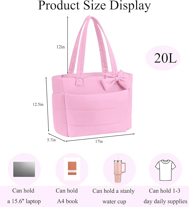 Puffer Tote Bag for Women, Quilted Bow Tote Bag with Cup Holder & 15.6 In Laptop Compartment for Work, Travel, Gym, College