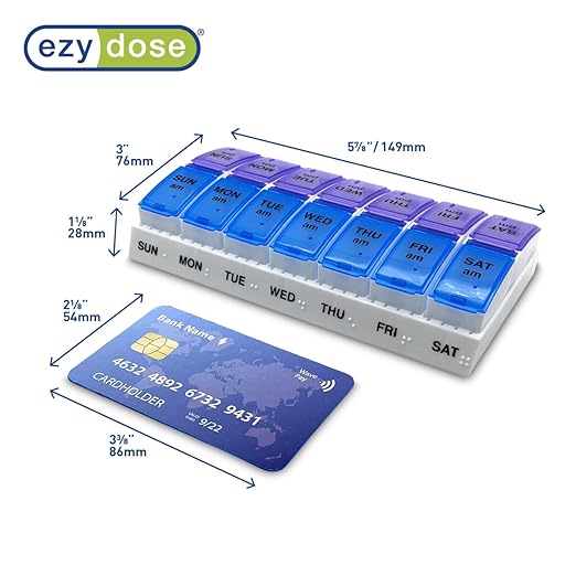 Ezy Dose Weekly (7-Day) AM/PM Pill Organizer, Vitamin and Medicine Box, Small Pop-out Compartments, 2 Times a Day, Blue and Purple Lids