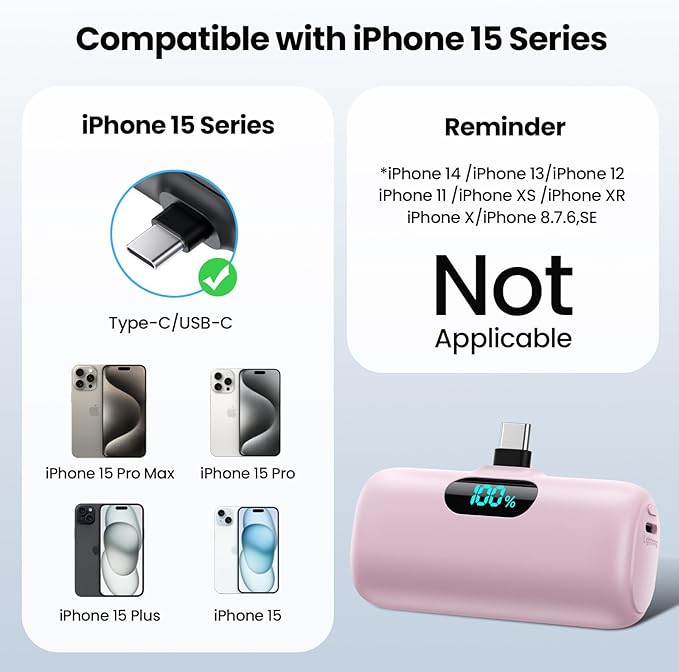 [2-Pack] Mini Portable Charger USB C Power Bank,Upgraded 5000mAh PD Fast Charging Battery Pack Built-in USB-C Connector Travel Essential for iPhone17/17Pro/17Pro Max/Air/16 Plus/16Pro Max/15 Series
