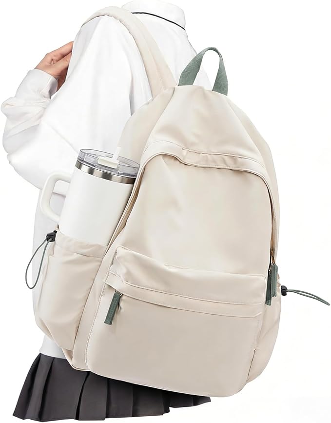 VECAVE School Backpack for Women Men, Lightweight Travel Casual Daypack Laptop Rucksack, Waterproof College High Secondary School Bags Bookbag for Boys Girls Teens BeigeGreen