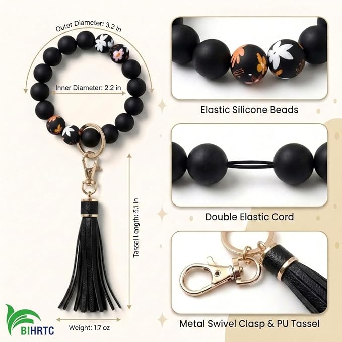 BIHRTC Key Ring Bracelet Car Keychain Holder Wristlet Silicone Women Beaded Bangle Chains