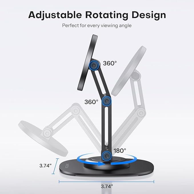 OMOTON 360° Rotating MS04 Magnetic Phone Stand for Desk, Adjustable Foldable Aluminum for MagSafe Cell Phone Stand with Non-Slip Base Fathers Day, for iPhone 17/16/15 Pro Max Air for Women Men Gift