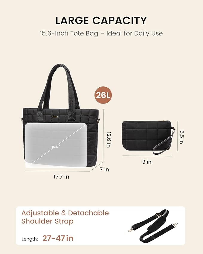 LOVEVOOK Laptop Tote Bag for Women, 15.6 Inch Large Puffer Work Tote Computer Bags, Quilted Women's Shoulder Purse Bag with Zipper, Teacher Office Handbag for Travel College Business, Gifts, Black