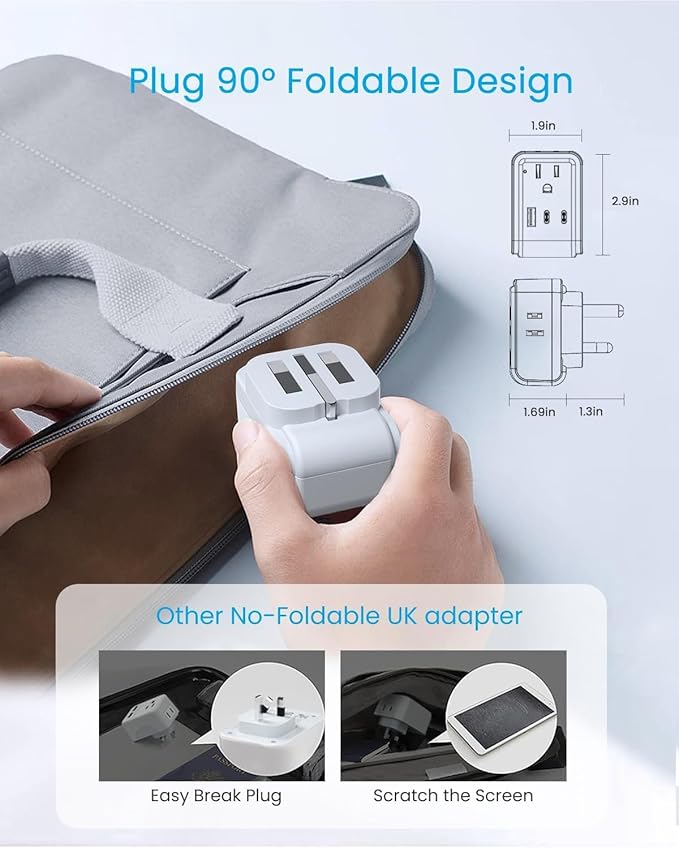 1 Pack UK Adapters for Travel, VINTAR PD 35W Foldable US to UK Plug Adapter with 4 AC Outlets & 3 USB Ports (2 USB-C), Type G Power Adaptor for Ireland England Scotland London Dubai Singapore