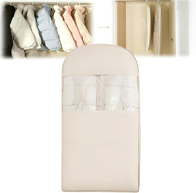 Space Saving Hanging Garment Bag with Self Compression Zipper, New Update Space Saver Clothes Storage Organizer, Dust Cover Clothes Bags for Down Coat (Beige, L)