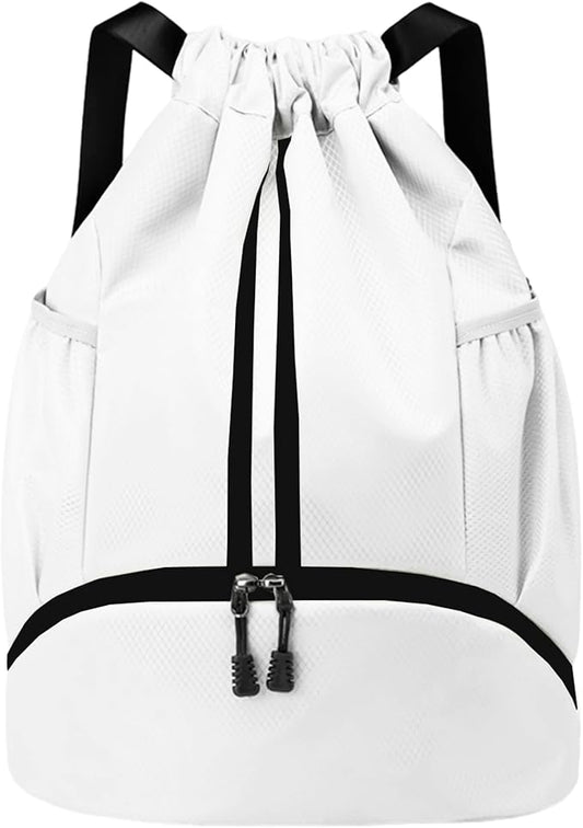 JELUTAR Drawstring Backpack Gym Bag with Shoes Compartment for Soccer, Basketball, Swim, Water-Resistant String Backpack Beach Cinch for Women Men, White