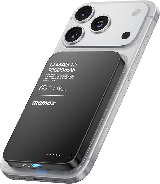 MOMAX 10000mAh Magnetic Wireless Power Bank, Ultra-Slim 0.5" MagSafe-Compatible Portable Charger, PD 20W USB-C Fast Charging Battery Pack, for iPhone 17/16/15/14 Series, Samsung Galaxy & Google Pixel