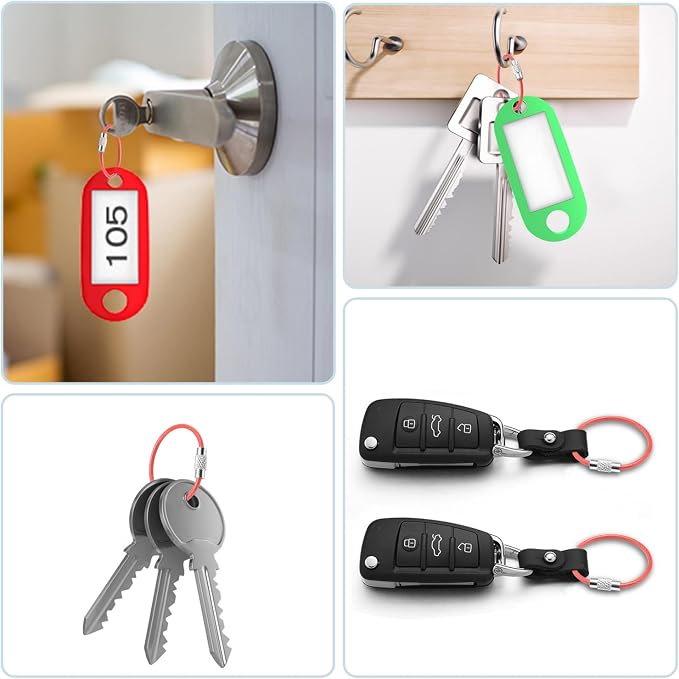 CooBigo 25 Pack Cable Key Ring 4 Inch Luggage Tag Loops Wire Key Chain Cable 2mm Key rings for Car Keys Wire Keychain Dog Tag Ring - Red