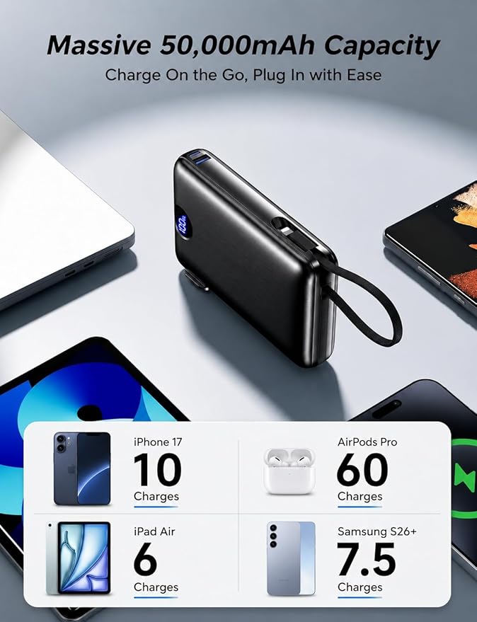 Portable Charger Power Bank 50000mAh Larger Capacity, Built-in Wall Plug USB-C & iOS Cables, 22.5W Fast Charging Battery Pack with LED Display, Travel Essential for Camping, iPhone, Samsung Black