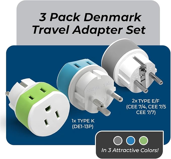 OREI Denmark Power Plug Adapter with 2 USA Inputs - Travel 3 Pack - 1 Type K & 2 Type E/F Safe Grounded Use with Cell Phones, Laptop, Camera Chargers, CPAP, and More