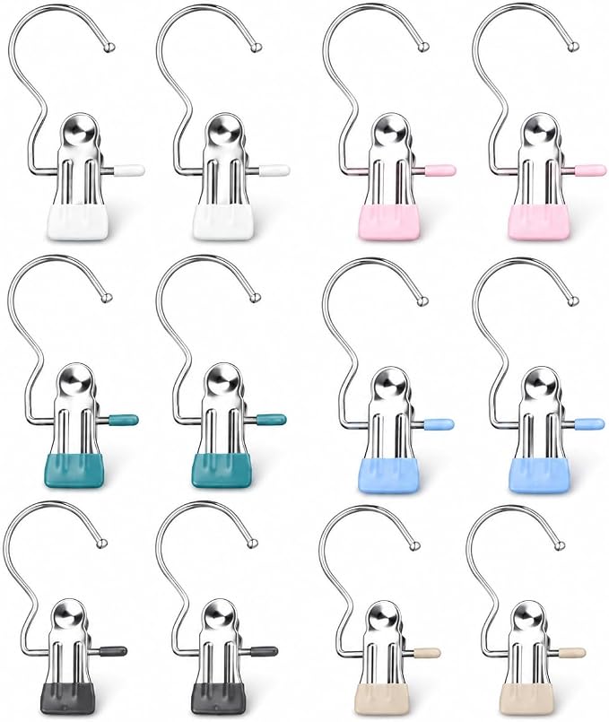 12PCS Hanger Clips for Closet, Heavy Duty Clothes Pins with Hooks, 360° Rotating Laundry Clips for Pants Socks Towels Boots Organizer (12, Black Blue Green Pink)