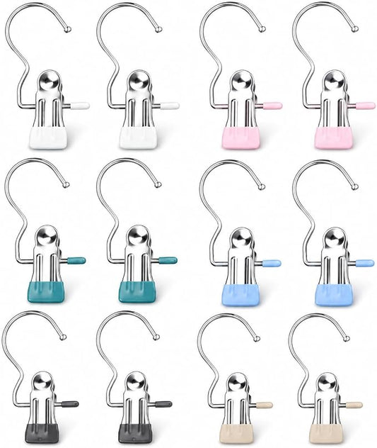 12PCS Hanger Clips for Closet, Heavy Duty Clothes Pins with Hooks, 360° Rotating Laundry Clips for Pants Socks Towels Boots Organizer (12, Black Blue Green Pink)