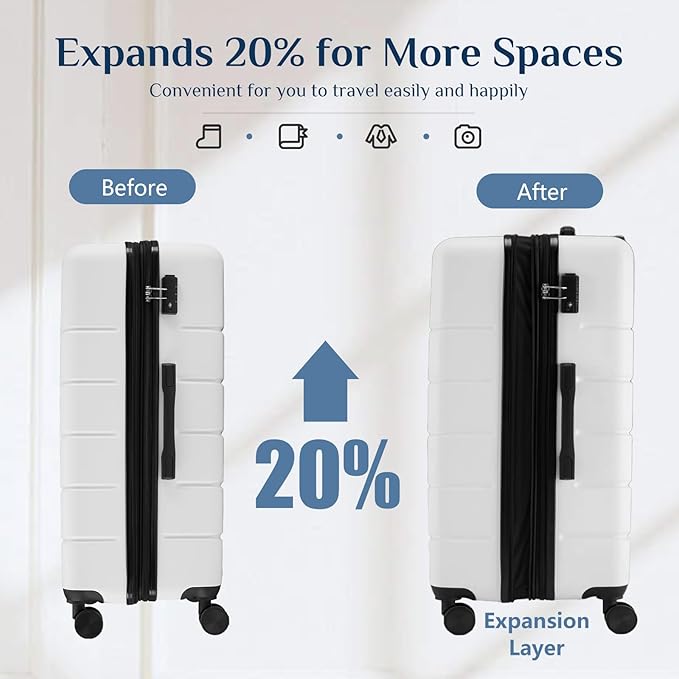 NEWBULIG 20 Inch Carry On Luggage, ABS Hard Shell Lightweight Rolling Expandable Suitcase with Double Spinner Wheels & TSA Lock, Travel Suitcase for Business Trips and Short Vacations, White