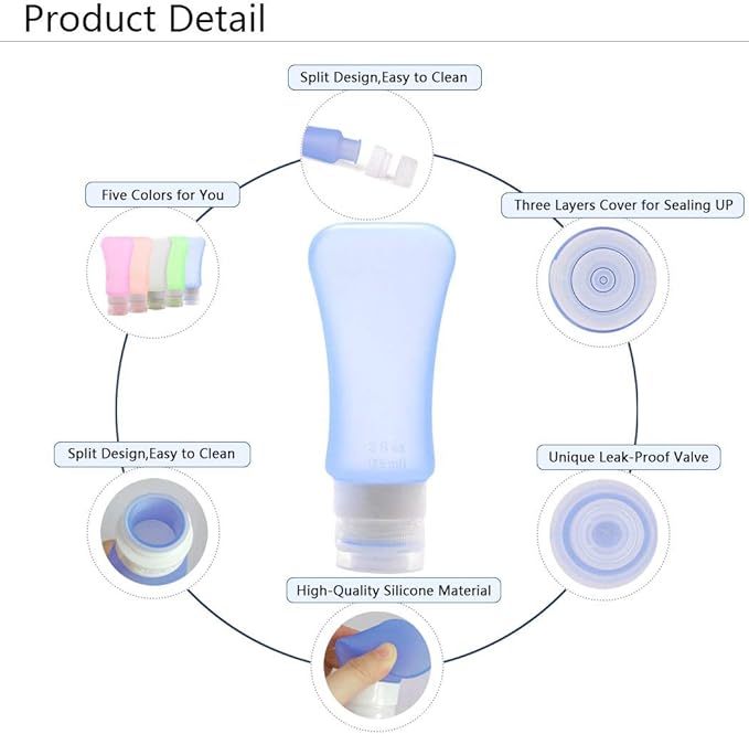 7 Pack Travel Bottle Set, 3 Ounce TSA Approved Leakproof Silicone Containers and 100ml/3.50z Fine Mist Hairspray Bottle Refillable Containers for Cosmetic Skincare Perfume