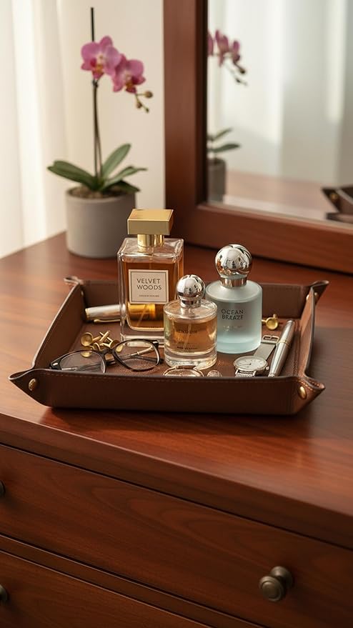 VLANDO Valet Tray for Men Women, Nightstand Organizer Vanity Catchall Holder for Dresser Desk Storage Bedside, Travel PU Leather Jewelry Key Bowl Coin Watches and Candy Entryway Tray - Large, Brown | Large PU leather tray for keys, wallet, watch, coins...
