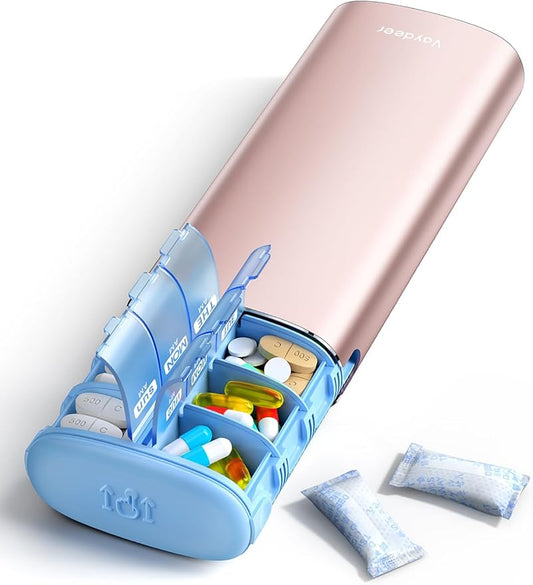 Vaydeer Metal 7 Day Pill Organizer 2 Times a Day – AM PM Weekly Travel Pill Case with Moisture-Proof Desiccant, Airtight Large Capacity Pill Box for Vitamins, Medications & Supplements (Rose Gold)