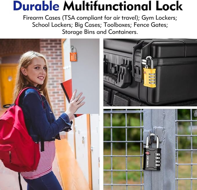 SURE LOCK TSA Approved 4 Digit Combination Lock, Heavy Duty Padlock with Red Dot Indicator for Gun Cases, Pelican Cases, Tool Boxes, Gym Lockers, Storage Units & Outdoor Gates (2, Orange)