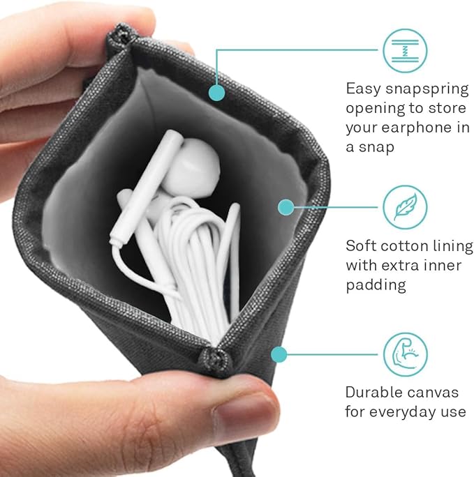 UT Wire Pocket Snap & Store Earphone Case Pouch, Black with Solid Grey Interior
